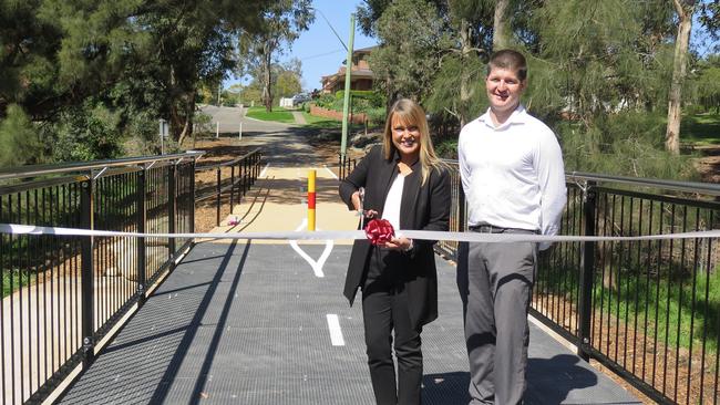 Hills mayor Yvonne Keane with the council's Project Engineer, David Duffield at the opening of the new pedestrian and cycleway bridge over Strangers Creek, Kellyville.