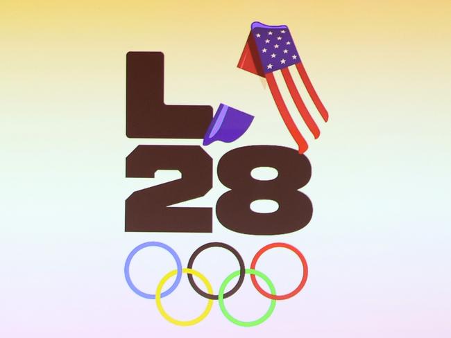 PARIS, FRANCE - AUGUST 10: A general view as the LED screen, depicting the LA28 Olympics logo, is seen whilst Casey Wasserman, LA28 Chairperson and President, and Karen Bass, Mayor of Los Angeles, speak at the LA28 Press Conference on day fifteen of the Olympic Games Paris 2024 at the Main Press Centre on August 10, 2024 in Paris, France. (Photo by Luke Hales/Getty Images)