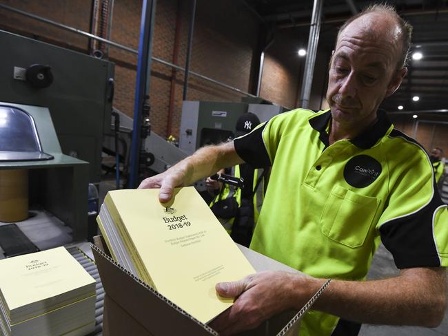 A stack of the 2018-19 Budget papers is boxed ahead of the Federal Budget on Tuesday. Picture: Lukas Coch