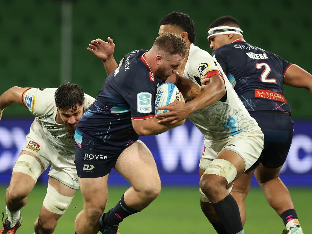 Matt Gibbon of the Rebels runs with the ball during the round 13 Super Rugby Pacific match between Melbourne Rebels and Chiefs at AAMI Park. Picture: Getty Images