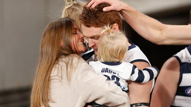 Gary Rohan and new partner Madi Bennett shared a very public display of affection ahead of his 150th game on the weekend. Picture: Michael Willson