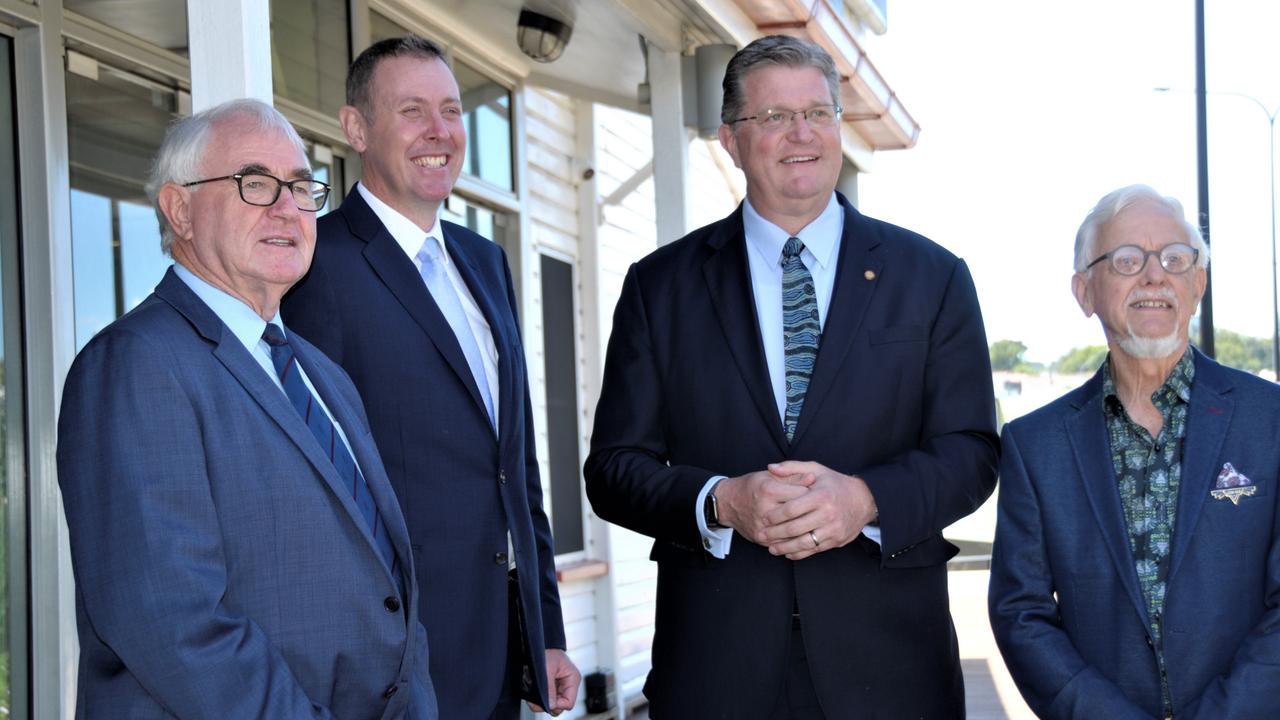 Celebrating the inclusion of the $25m Toowoomba Railway Parklands project in the SEQ City Deal are (from left) Mayor Paul Antonio, Groom MP Garth Hamilton, Toowoomba North MP Trevor Watts and former Toowoomba Chamber vice-president Peter Eldridge.