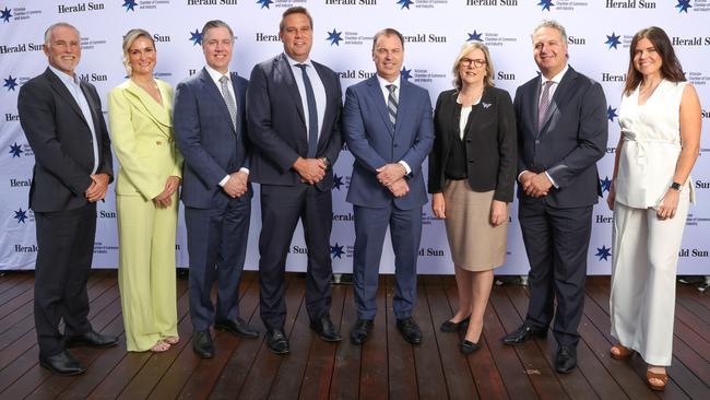 CEO John Holland Group Joe Barr, MC Chanelle Pearson, Chief Executive Officer Crown Melbourne Mike Volkert, Herald Sun Editor Sam Weir, The Hon. MP Colin Brooks, Chairman of the Herald and Weekly Times Penny Fowler, Chief Executive of the Victorian Chamber of Commerce and Industry Paul Guerra, and expert in future of work and living Neighbourlytics Lucinda Hartley. Picture: David Caird