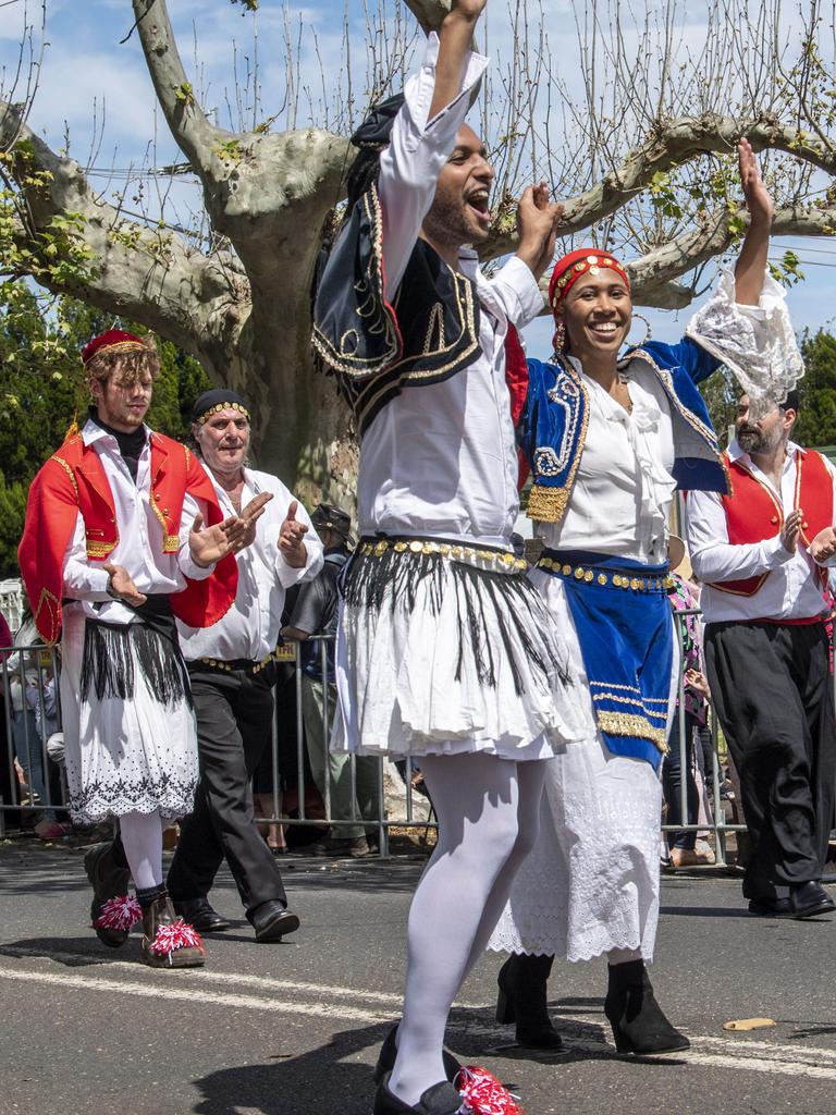 Anthony and Despena Dickerson dance. Greek Orthodox Community of Toowoomba float in the Grand Central Floral Parade. Saturday, September 17, 2022. Picture: Nev Madsen.