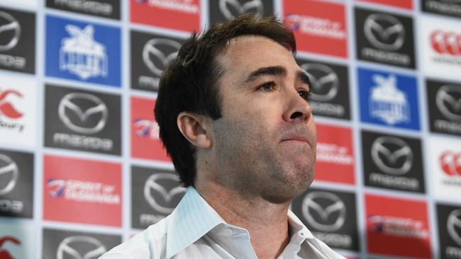 Brad Scott speaks to the media at a press conference at Arden Street Oval after he resigned as head coach of North Melbourne. Picture: AAP Image/James Ross