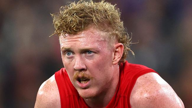 MELBOURNE, AUSTRALIA - MAY 04: Clayton Oliver of the Demons looks on during the round eight AFL match between Melbourne Demons and Geelong Cats at Melbourne Cricket Ground, on May 04, 2024, in Melbourne, Australia. (Photo by Quinn Rooney/Getty Images)