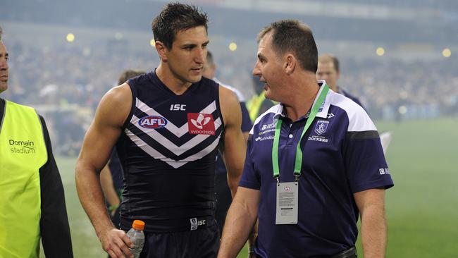 Matthew Pavlich and Ross Lyon. Picture: Daniel Wilkins