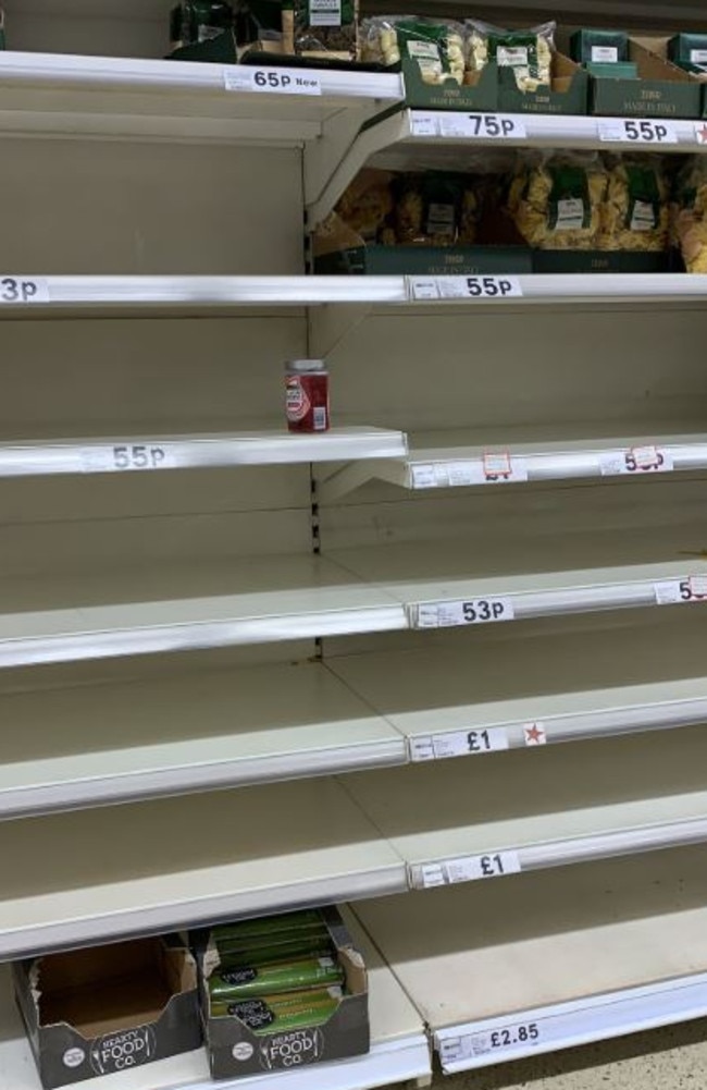 Pasta supplies in one Tesco were almost decimated by panicked shoppers. Picture: Twitter.