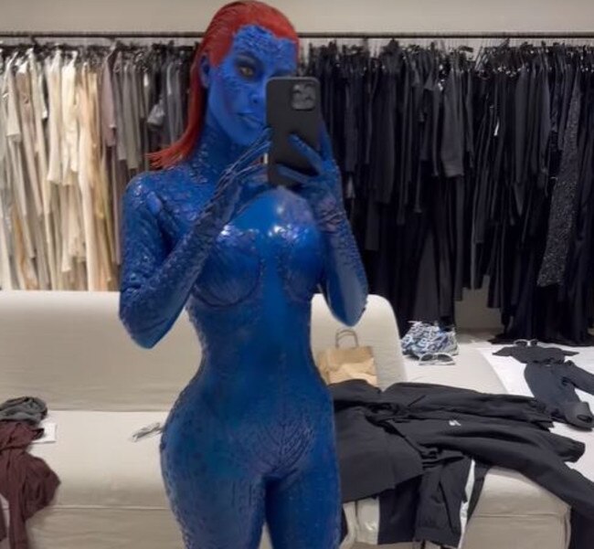 Kim Kardashian was barely recognisable as Mystique. Picture: Instagram