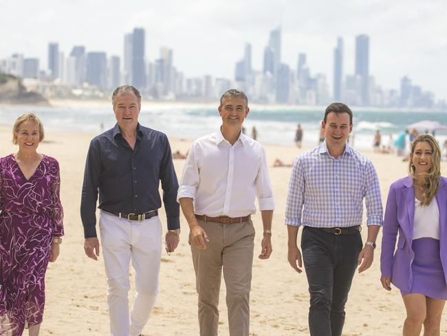 5 LNP Gold Coast  MPÃs on Burliegh Beach, L to R Ros Bates ,Jjohn-Paul Langbroek, Hermann Vorster, Sam OÃConnor and Laura Gerber.Picture: Glenn Campbell