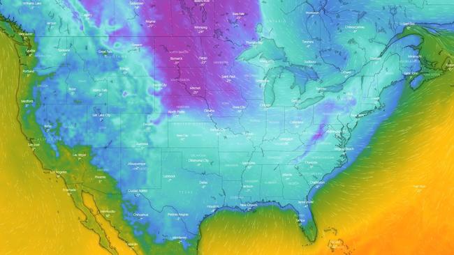 One temperature map sums up America's dangerous Christmas storm. Picture: Windy