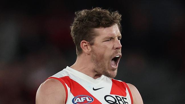 MELBOURNE, AUSTRALIA - AUGUST 16: Luke Parker of the Swans celebrates kicking a goal during the round 23 AFL match between Essendon Bombers and Sydney Swans at Marvel Stadium, on August 16, 2024, in Melbourne, Australia. (Photo by Daniel Pockett/Getty Images)