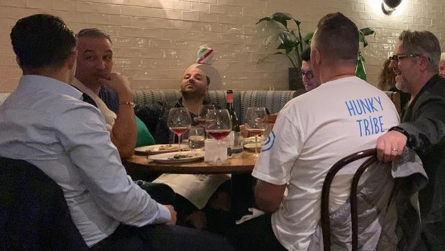 George Calombaris dines with mates at the Carlton Wine Room on March 10, 2020.