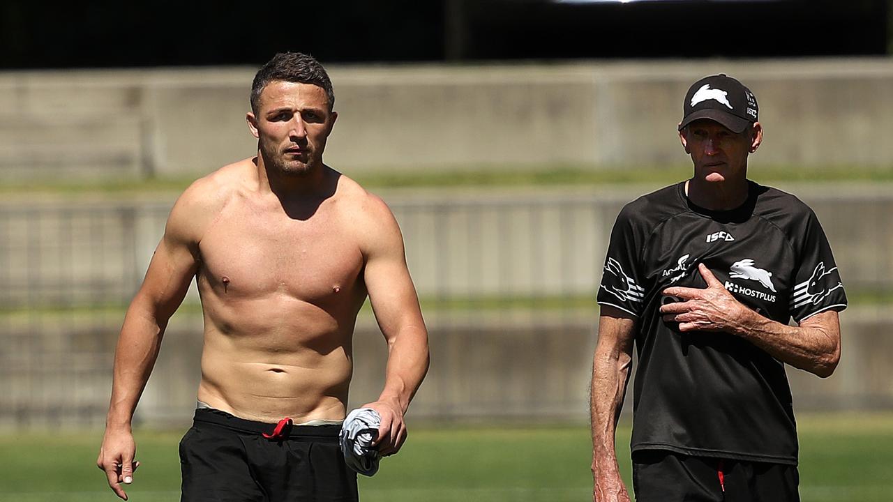 Sam Burgess with former Souths coach Wayne Bennett. Picture: Phil Hillyard