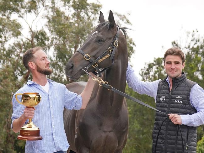 Trainers Ciaron Maher and David Eustace pose with Melbourne Cup Winner Gold Trip at Cranbourne Racecourse on November 02, 2022 in Cranbourne, Australia. (Photo by Scott Barbour/Racing Photos via Getty Images)