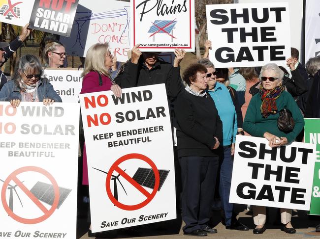 DAILY TELEGRAPH AUGUST 11, 2023. Anti wind and solar farm protestors outside at the 2023 Bush Summit held at the Tamworth Regional Entertainment and Conference Centre. Picture: Jonathan Ng