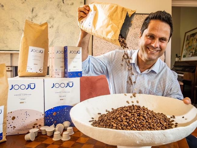 Gavin Wanganeen is launching his own brand of coffee beans and pods, pictured on October 28th, 2022, at his Toorak Gardens Home.Picture: Tom Huntley