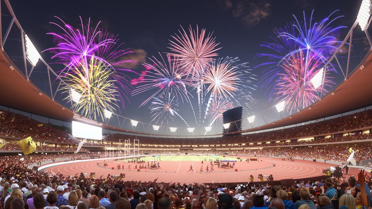 Funding for the 2032 Brisbane Olympic and Paralympic Games, including the proposed Gabba redevelopment, are ongoing. Above is the artist impression of the proposed Gabba redevelopment. Picture: Supplied