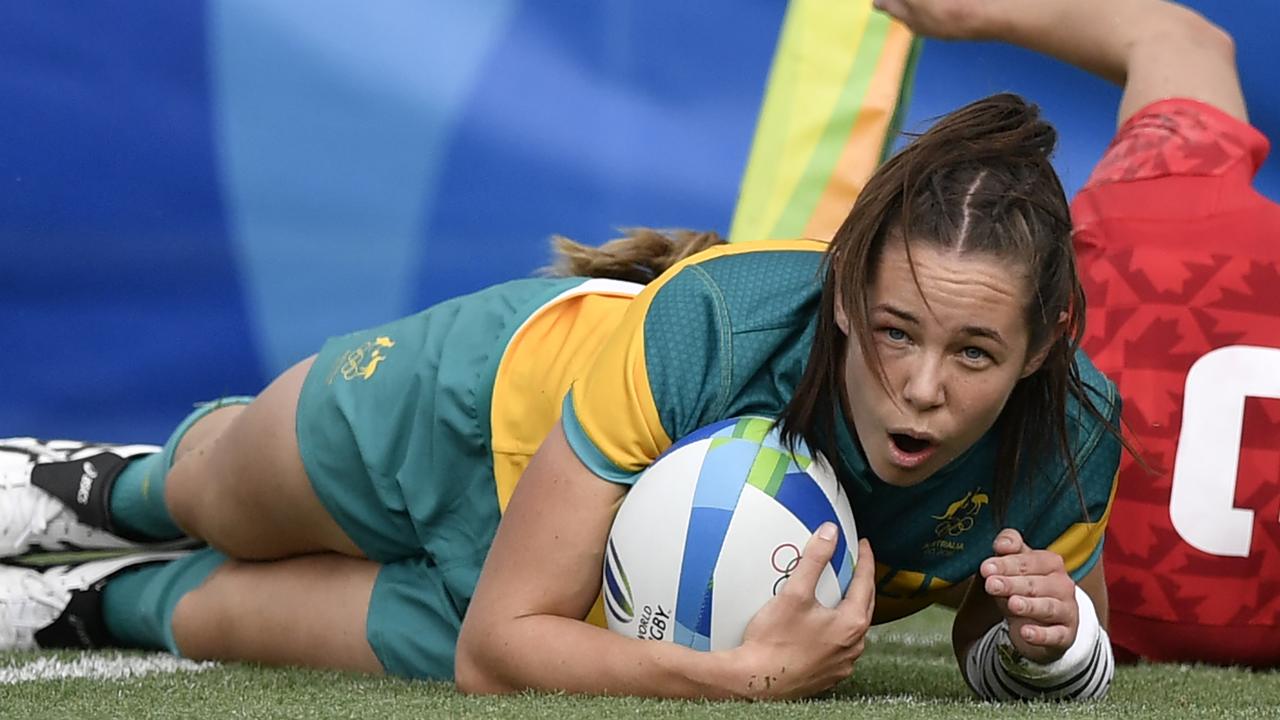 Dalton scores a try in the women’s Rugby Sevens semi-final match between Australia and Canada during the Rio 2016 Olympic Games.