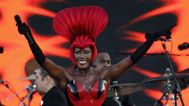 LONDON, ENGLAND - JUNE 04: Singer Grace Jones performs on stage during the Diamond Jubilee concert at Buckingham Palace on June 4, 2012 in London, England. For only the second time in its history the UK celebrates the Diamond Jubilee of a monarch. Her Majesty Queen Elizabeth II celebrates the 60th anniversary of her ascension to the throne. Thousands of well-wishers from around the world have flocked to London to witness the spectacle of the weekend?s celebrations. (Photo by Dan Kitwood/Getty Images)