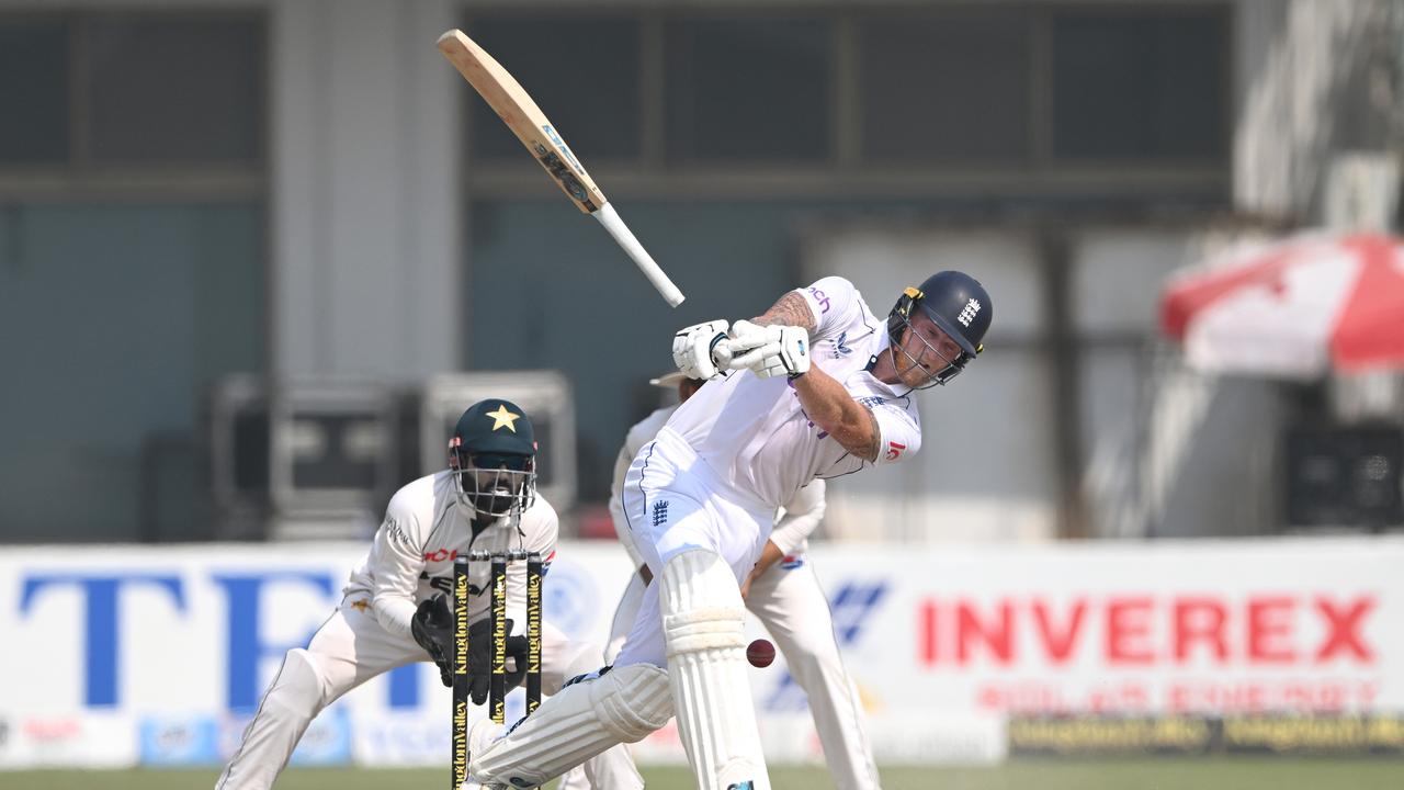 Ben Stokes loses his bat before getting stumped. (Photo by Stu Forster/Getty Images)