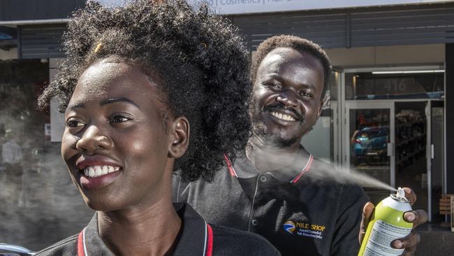 Paris Mamei and Atem Jok re-open the Nile Shop in Ruthven Street supplying African cooking ingredients through to hair products and extensions. Picture: Nev Madsen.