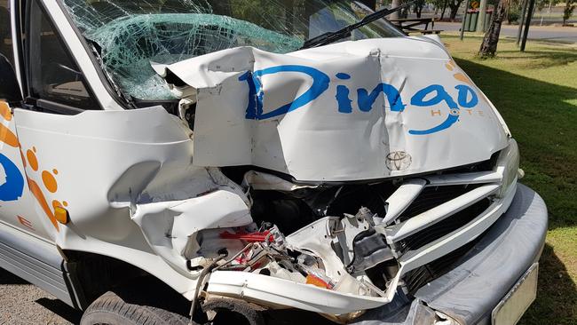RAMPAGE: The aftermath of the Dingo Hotel courtesy bus after youths stole and crashed the vehicle.
