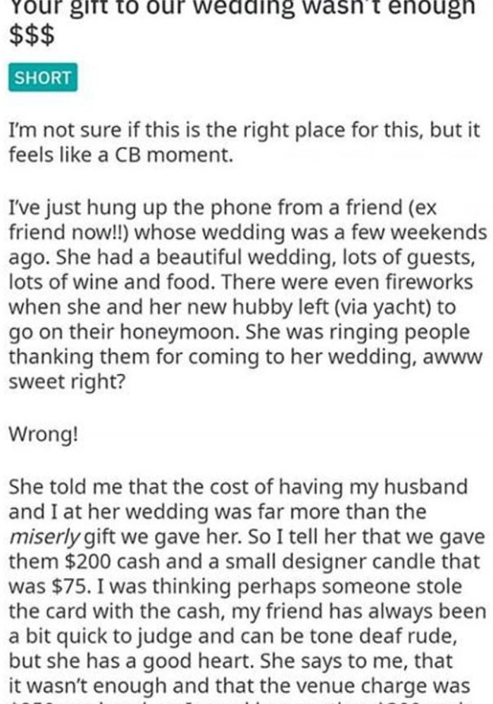 Had to post this here…. “Is it rude to require $50 gifts from everyone” :  r/weddingshaming