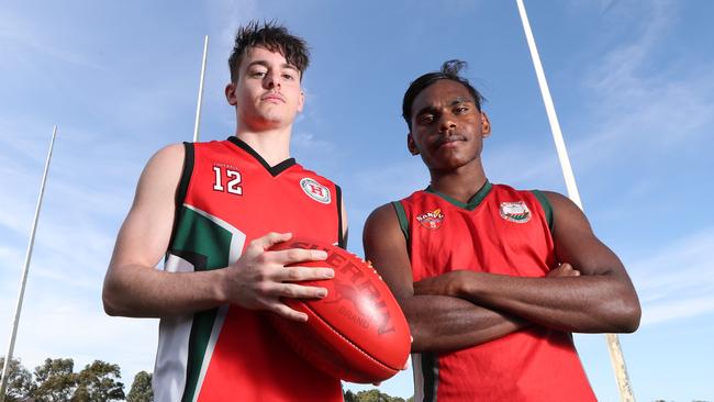 Henley High’s open football team captain Bailey Chamberlain with teammate Phoenix Spicer ahead of the live streamed All Schools Cup grand final against PAC. Picture: Tait Schmaal.