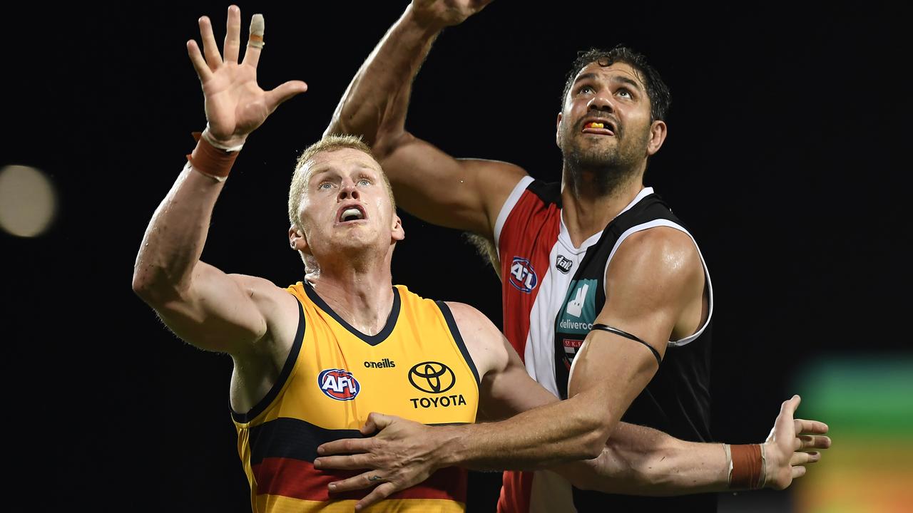 Paddy Ryder has been the subject of racial abuse on Twitter following his clash against Adelaide. He is pictured rucking against Reilly O’Brien. Picture: Albert Perez/AFL Photos/via Getty Images