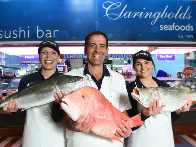 Louise Markowski, Peter Tsiboukis and Nicole Megas from Claringbold's Seafoods. Picture: Josie Hayden