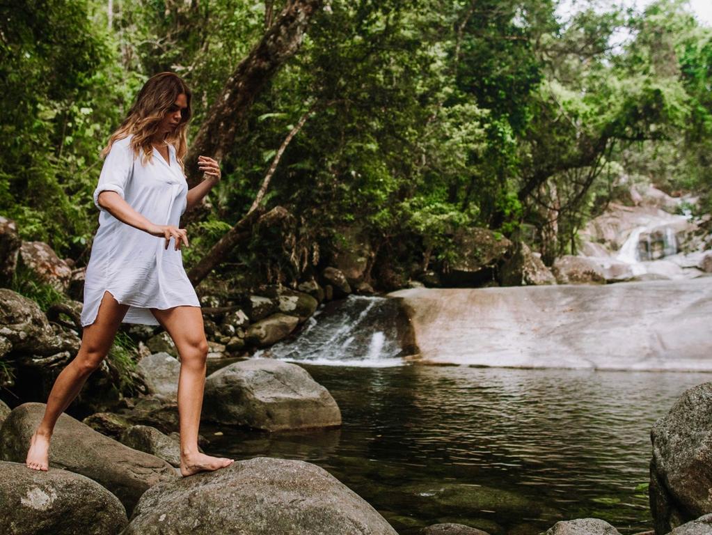 Samantha Harris at Josephine Falls, Atherton Tableland, for Tropical North Queensland’s ‘Feel grounded’ campaign. Picture: Will Salkeld Photography