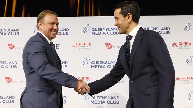 Premier Steven Miles and state opposition leader David Crisafulli shake hands ahead of the second leaders’ debate of the Queensland election campaign. Picture: Liam Kidston.