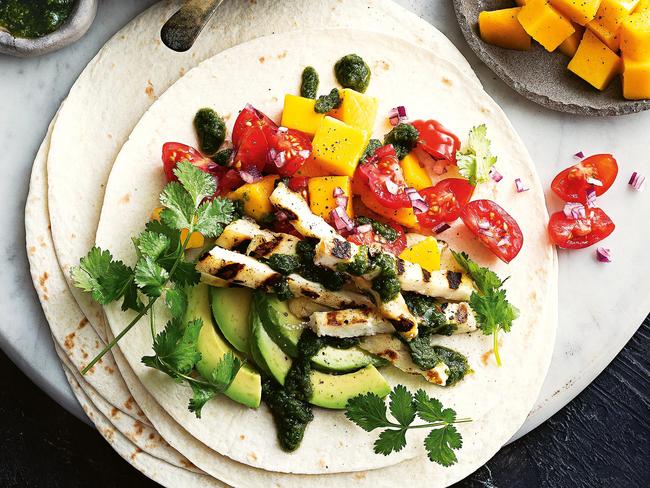 Soft tacos with grilled haloumi mango and jalapeño salsa.