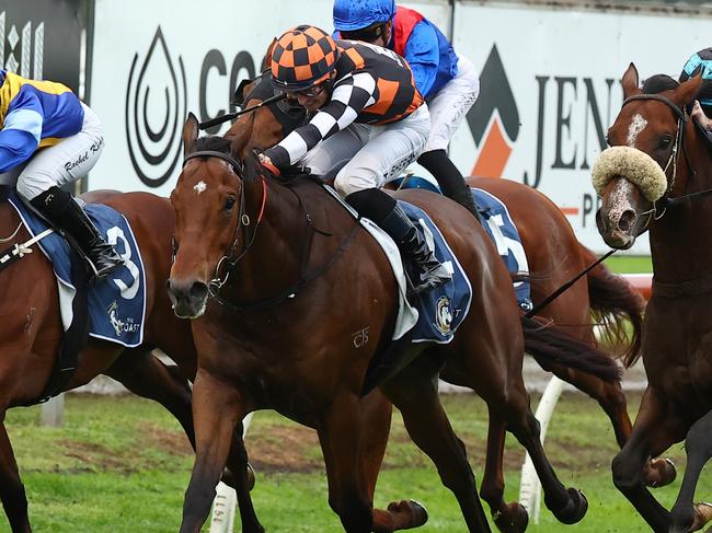 NEWCASTLE, AUSTRALIA - MAY 11: Tom Sherry riding Magnaspin wins Race 8 The Coast during "The Coast Raceday" - Sydney Racing at Newcastle Racecourse on May 11, 2024 in Newcastle, Australia. (Photo by Jeremy Ng/Getty Images)