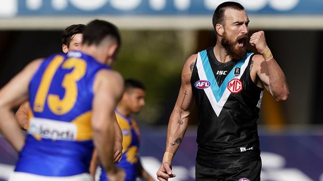 Charlie Dixon booted six goals in Port Adelaide’s victory over West Coast.