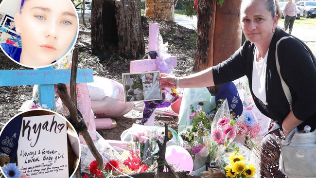 Family member Tina Allen places a picture at the road side memorial. Pictured inset is Taneil Harris and a tribute to Kyah Morgan.