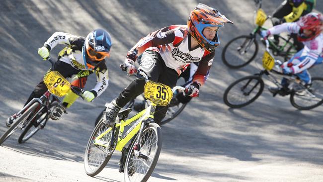 Riders in action at the NSW BMX State Championships. Picture: David Swift