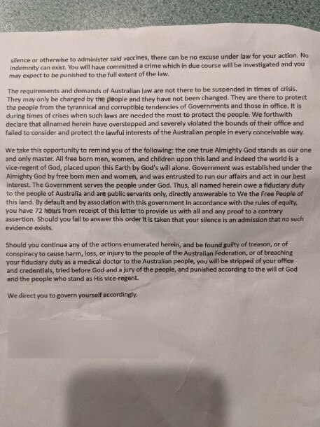 Letters have been circulated across Australia, the anti-vaxxers claim. Picture: Supplied