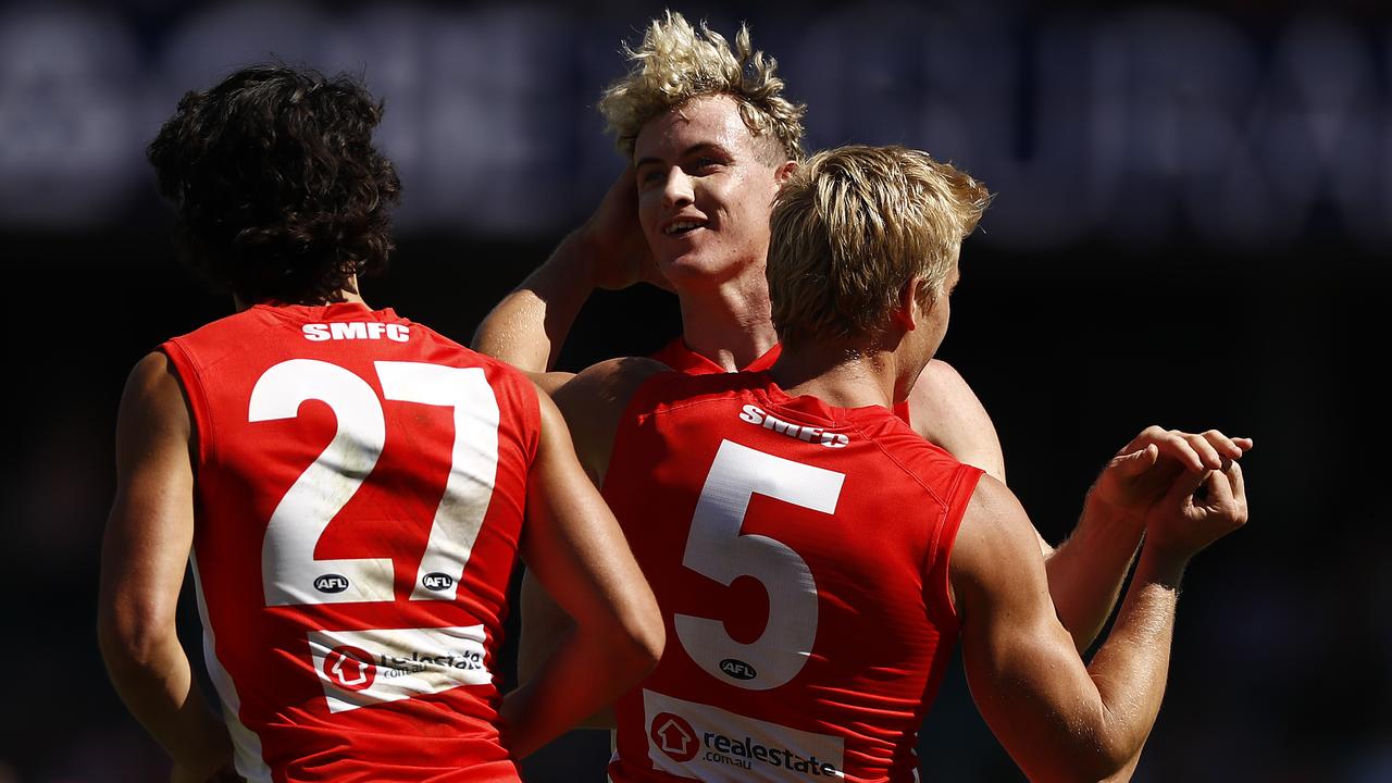 Chad Warner and Isaac Heeney celebrate during the Round 2 win over the Crows. Picture: Ryan Pierse/AFL Photos