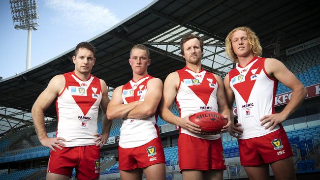 Clarence footballersBrady Jones, Jack Preshaw, Coach Jeromey Webberley and Ethan Jackson at Blundstone Arena in March. Picture: CHRIS KIDD