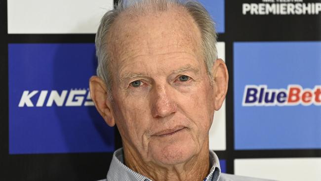 TOWNSVILLE, AUSTRALIA - APRIL 07: Dolphins coach Wayne Bennett speaks at the post match press conference at the end of the round six NRL match between North Queensland Cowboys and Dolphins at Qld Country Bank Stadium on April 07, 2023 in Townsville, Australia. (Photo by Ian Hitchcock/Getty Images)