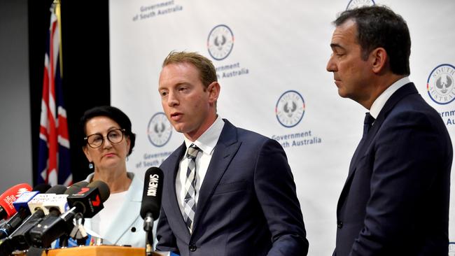 Deputry Premier Vickie Chapman, Water Minister David Speirs and Premier Steven Marshall speak to the media after the Murray-Darling Basin Royal Commission report was released. Picture: AAP / Sam Wundke