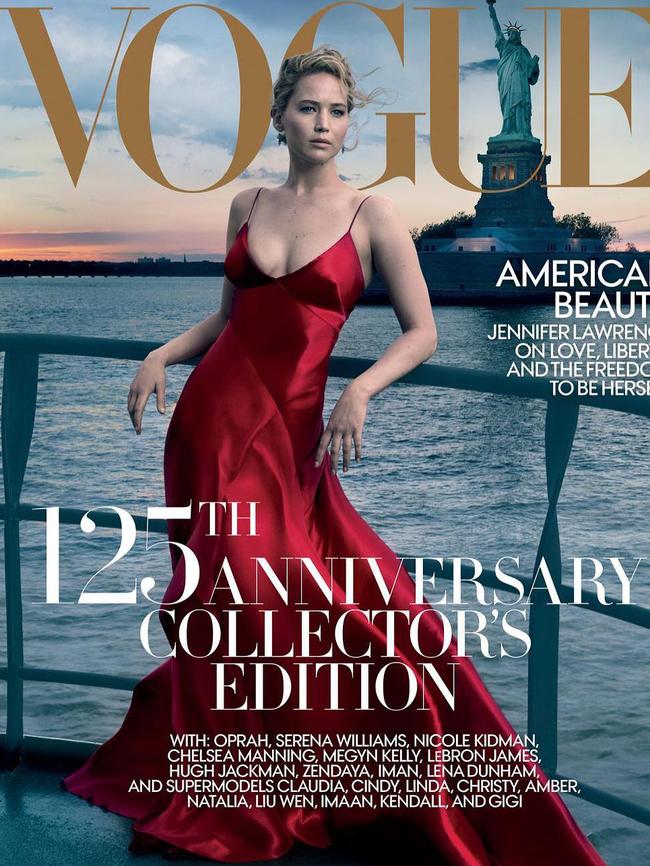 Jennifer Lawrence on the cover of Vogue. Picture: Annie Leibovitz