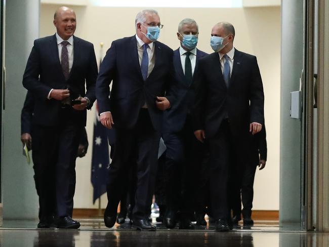 Minister for Home Affairs Peter Dutton, Prime Minister Scott Morrison, Deputy Prime Minister Michael McCormack and Treasurer Josh Frydenberg depart the House of Representatives after the Treasurer handed down the Budget. Picture: Getty Images.