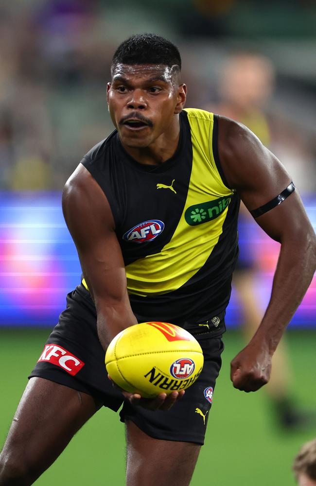 Maurice Rioli Jr. of the Tigers in Round 9 against the Western Bulldogs. Picture: Quinn Rooney/Getty Images.