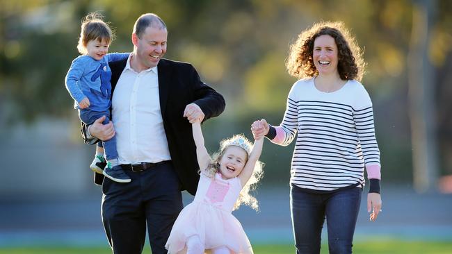 Treasurer Josh Frydenberg with his wife Amie, son Blake and daughter Gemma. Picture: Alex Coppel