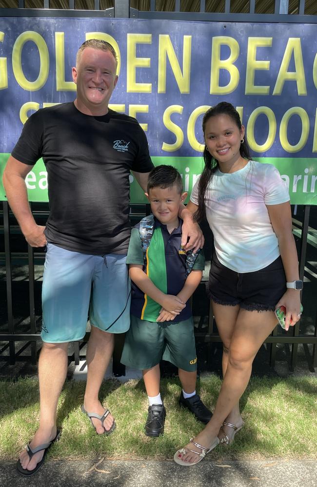 Aaron, Xavier, and Karen on Xavier's first day of school at Golden Beach State School. Picture: Iwan Jones