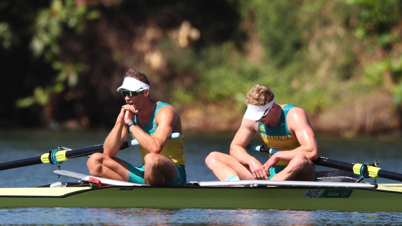 Spencer Turrin and Alexander Lloyd after missing a medal in the men's Pair in Rio. Pic: Brett Costello