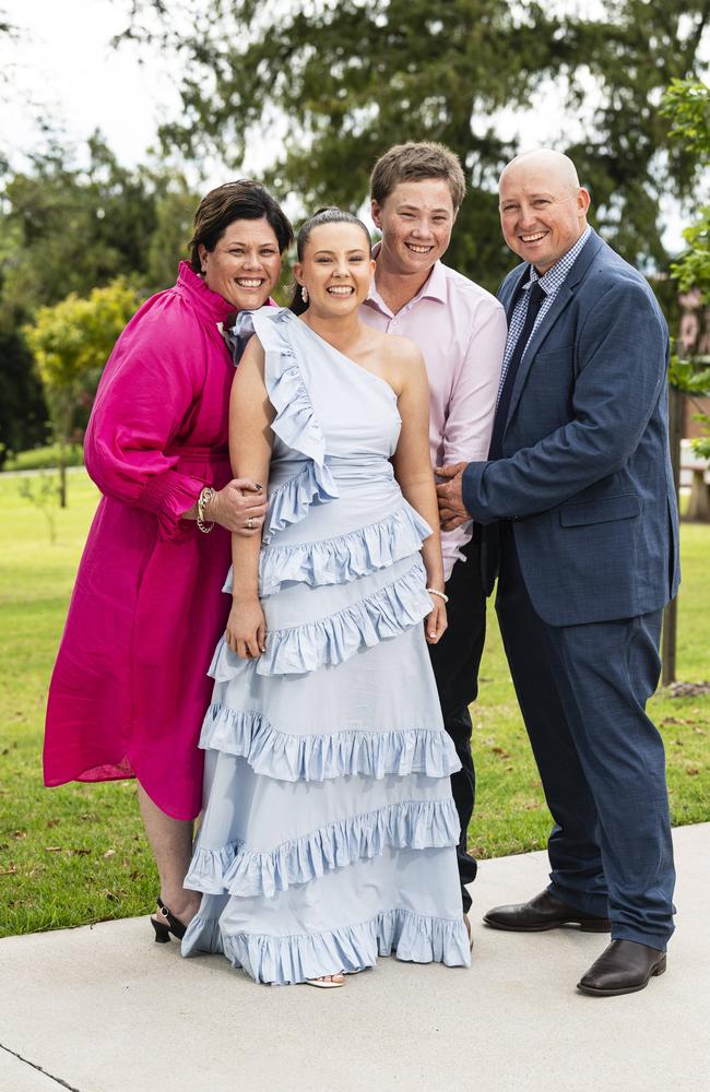 Graduate Rebecca Thomas with parents Helen and Chris and brother Matthew Thomas as Downlands College year 12 students come together for their valedictory mass at the college, Saturday, November 16, 2024. Picture: Kevin Farmer